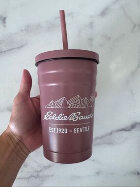 Eddie Bauer mauve pink thermal cup with straw metal camping hiking outdoor drink